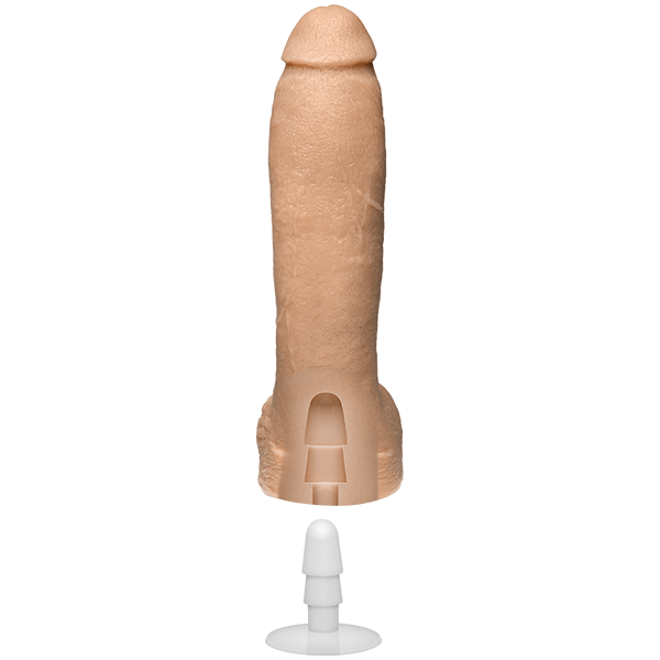 The Signature Cocks - Jeff Stryker Firmskyn dildo shown with an X-Ray base showcasing where the Vac-U-Lock hole is. This Vac-U-Lock hole allows the dildo to work with all Vac-U-Lock accessories. | Kinkly Shop