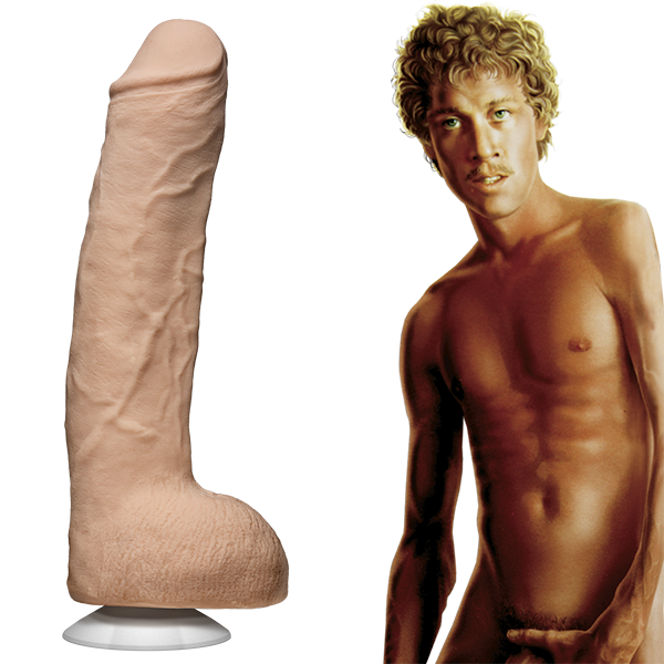 An illustration of John Holmes shirtless, staring into the camera. The John Holmes Ultraskyn dildo is shown next to the illustration. | Kinkly Shop