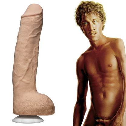 An illustration of John Holmes shirtless, staring into the camera. The John Holmes Ultraskyn dildo is shown next to the illustration. | Kinkly Shop