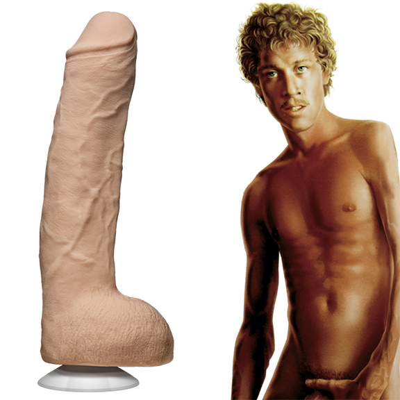 An illustration of John Holmes shirtless, staring into the camera. The John Holmes Ultraskyn dildo is shown next to the illustration. | Kinkly Shop