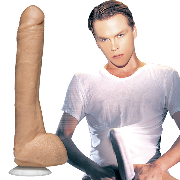 Kevin Dean stares at the camera. A Signature Cocks Kevin Dean Firmskyn dildo is shown next to the porn star. | Kinkly Shop