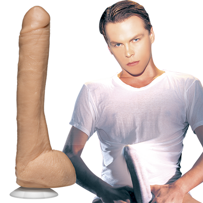 Kevin Dean stares at the camera. A Signature Cocks Kevin Dean Firmskyn dildo is shown next to the porn star. | Kinkly Shop
