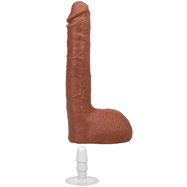 The Signature Cocks - Ricky Johnson dildo is shown sliding on top of the included Vac-U-Lock suction cup attachment. This hole in the base allows the dildo to work with all Vac-U-Lock accessories. | Kinkly Shop