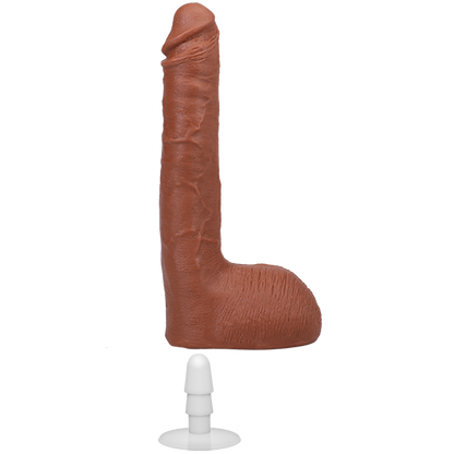 The Signature Cocks - Ricky Johnson dildo is shown sliding on top of the included Vac-U-Lock suction cup attachment. This hole in the base allows the dildo to work with all Vac-U-Lock accessories. | Kinkly Shop