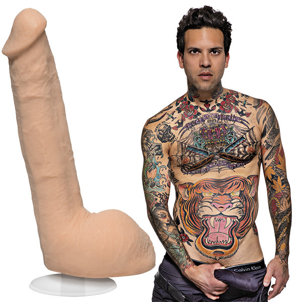 A shirtless Small Hands staring into the camera while holding his erection through the boxer briefs. The Signature Cocks - Small Hands dildo is shown next to the porn star's dildo that's lifecast off his erection. | Kinkly Shop