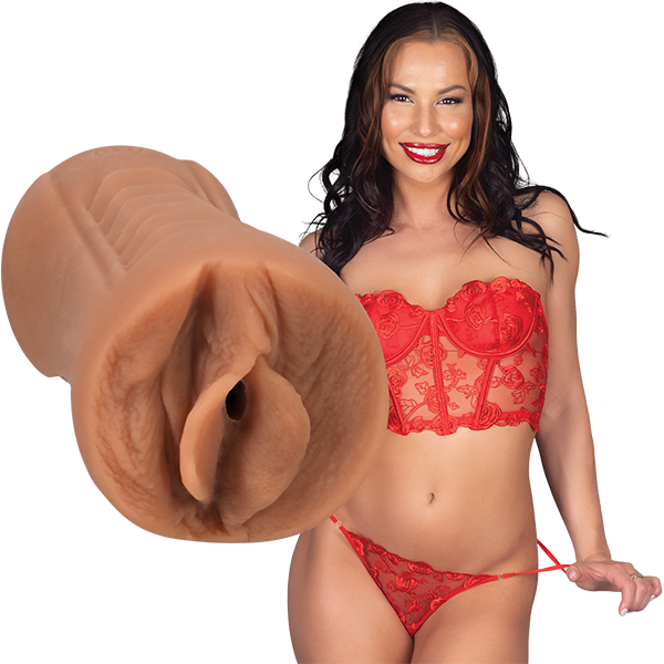 Aidra standing next to the Signature Strokers - Aidra Fox. The vulva entrance of the stroker is molded directly from the porn star. | Kinkly Shop