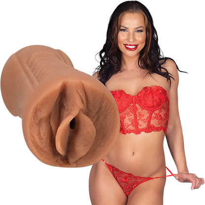 Aidra standing next to the Signature Strokers - Aidra Fox. The vulva entrance of the stroker is molded directly from the porn star. | Kinkly Shop