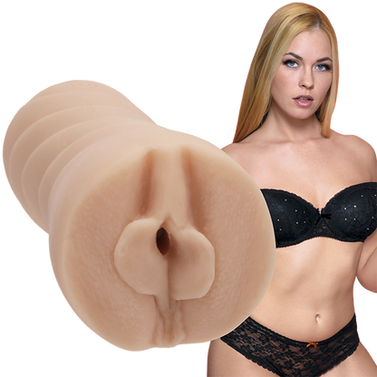 Bailey Rayne is wearing lingerie and staring into the camera. The Signature Strokers Camgirls Bailey Rayne stroker is shown next to the porn star. | Kinkly Shop