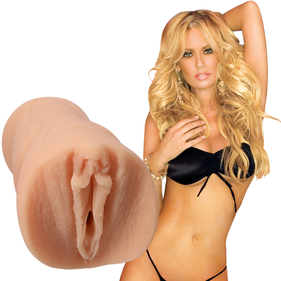 Jenna Jameson is wearing black lingerie and staring into the camera. The Signature Strokers Jenna Jameson stroker is shown next to the porn star. | Kinkly Shop