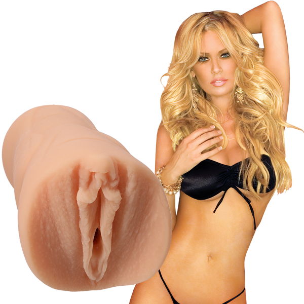 Jenna Jameson is wearing black lingerie and staring into the camera. The Signature Strokers Jenna Jameson stroker is shown next to the porn star. | Kinkly Shop