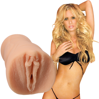 Jenna Jameson is wearing black lingerie and staring into the camera. The Signature Strokers Jenna Jameson stroker is shown next to the porn star. | Kinkly Shop