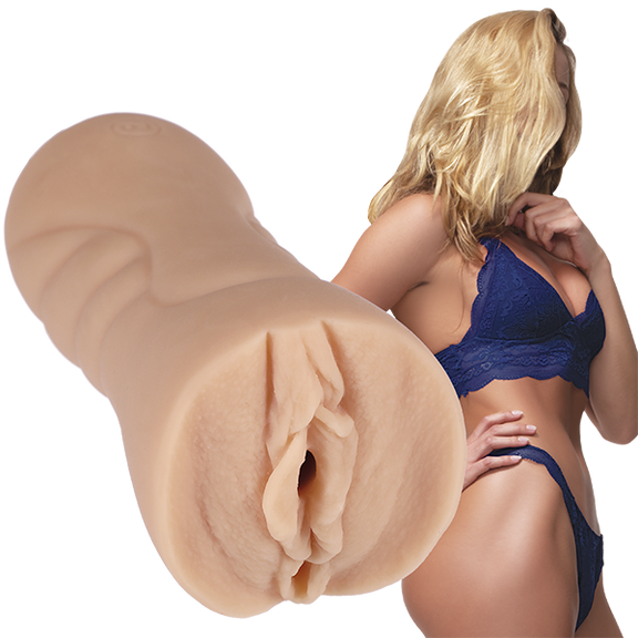 Leo of Leolulu is wearing lingerie. The Signature Strokers Leo Of Leolulu stroker is shown next to the porn star. | Kinkly Shop