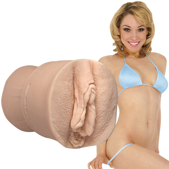Lily Labeau is staring at the camera while wearing a blue bikini. The Signature Strokers Lily Labeau stroker is shown next to the porn star. | Kinkly Shop