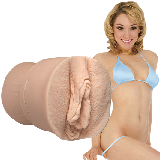 Lily Labeau is staring at the camera while wearing a blue bikini. The Signature Strokers Lily Labeau stroker is shown next to the porn star. | Kinkly Shop