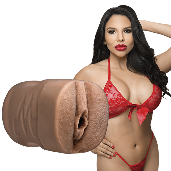 Missy Martinez is wearing red lingerie is staring seductively into the camera. The Signature Strokers Missy Martinez stroker is shown next to the porn star. | Kinkly Shop