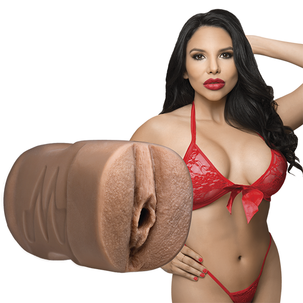 Missy Martinez is wearing red lingerie is staring seductively into the camera. The Signature Strokers Missy Martinez stroker is shown next to the porn star. | Kinkly Shop