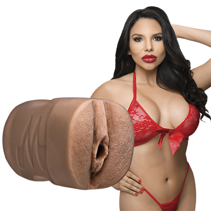 Missy Martinez is wearing red lingerie is staring seductively into the camera. The Signature Strokers Missy Martinez stroker is shown next to the porn star. | Kinkly Shop