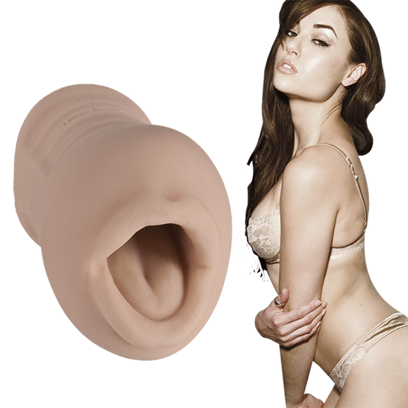 Sasha Grey is wearing beige lingerie and staring seductively at the camera. The Signature Strokers Sasha Grey Oral stroker is shown next to the porn star. | Kinkly Shop