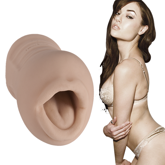 Sasha Grey is wearing beige lingerie and staring seductively at the camera. The Signature Strokers Sasha Grey Oral stroker is shown next to the porn star. | Kinkly Shop
