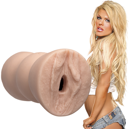 Sophia Rossi in skimpy clothing staring at the camera. The Signature Strokers Sophia Rossi stroker is shown next to her. | Kinkly Shop