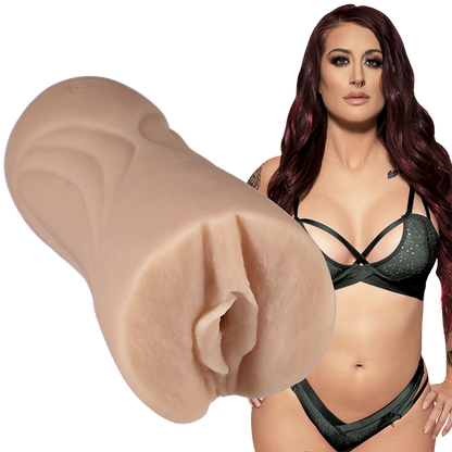 Tana Lea is wearing lingerie while staring into the camera. The Tana Lea stroker is shown next to the porn star. | Kinkly Shop