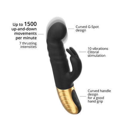 The Dorcel G-Stormer Thruster surrounded by a list of text features. Text includes: Up to 1,500 up-and-down movements per minutes. 7 thrusting intensities. Curved g-spot design. 10 vibrations clitoral stimulation. Curved handle design for a good hand grip. | Kinkly Shop