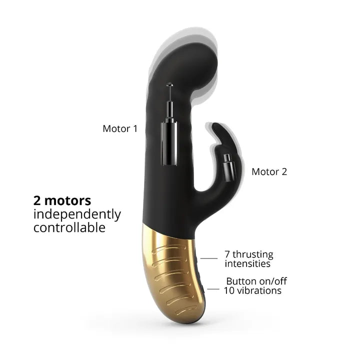 X-ray vision on the Dorcel G-Stormer Thruster shows where the two motors are located. One is in the middle of the insertable shaft and the other is in the tip of the clitoral vibrator arm. Text on the image reads: 2 motors, independently controllable. 7 thrusting intensities. Button on/off. 10 vibrations | Kinkly Shop
