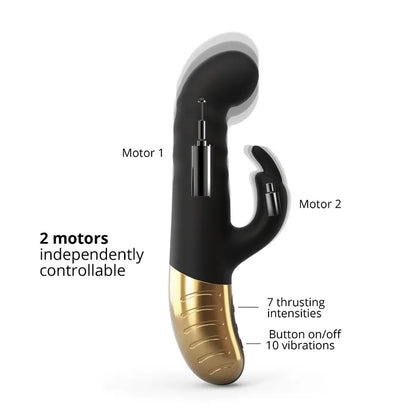 X-ray vision on the Dorcel G-Stormer Thruster shows where the two motors are located. One is in the middle of the insertable shaft and the other is in the tip of the clitoral vibrator arm. Text on the image reads: 2 motors, independently controllable. 7 thrusting intensities. Button on/off. 10 vibrations | Kinkly Shop