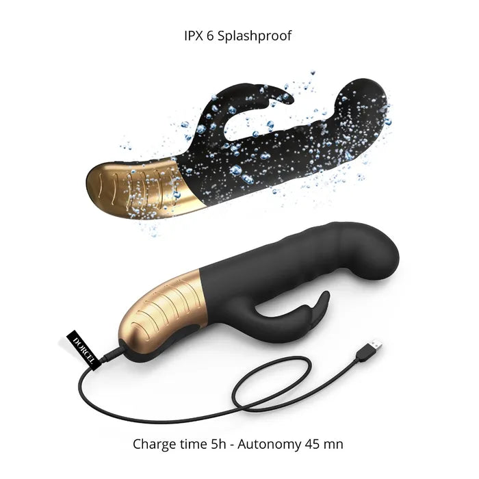 Collage of images shows things about the Dorcel G-Stormer Thruster. Text reads: IPX 6 splashproof. Charging time: 5 hours. Use time: 45 minutes. | Kinkly Shop