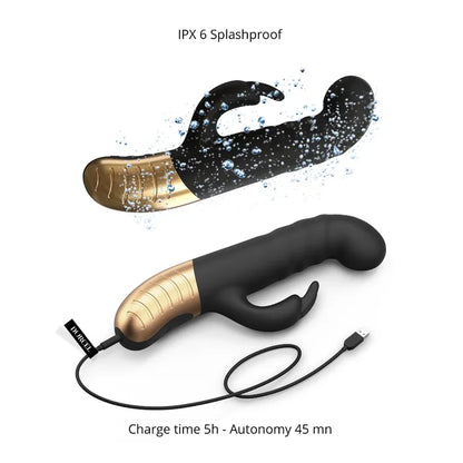 Collage of images shows things about the Dorcel G-Stormer Thruster. Text reads: IPX 6 splashproof. Charging time: 5 hours. Use time: 45 minutes. | Kinkly Shop