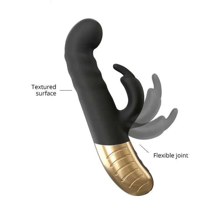Image of the Dorcel G-Stormer Thruster shows how flexible the clitoral arm is. The clitoral arm can bend straight backwards. Text on the image reads: Textured surface. Flexible joint. | Kinkly Shop