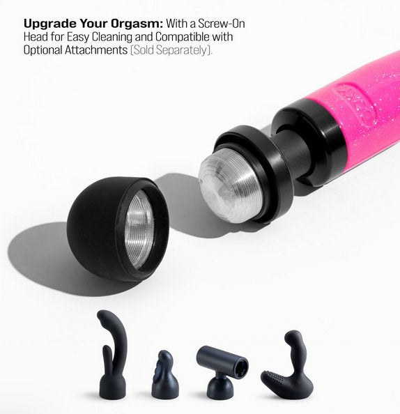 The head of the Doxy Die Cast 3R shown unscrewed next to examples of the attachments that work with it. Text reads: "Upgrade your orgasm. With a screw-on head for easy cleaning and compatible optional attachments, sold separately" | Kinkly Shop