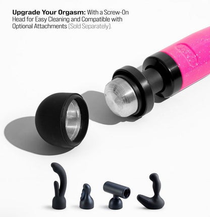 The head of the Doxy Die Cast 3R shown unscrewed next to examples of the attachments that work with it. Text reads: "Upgrade your orgasm. With a screw-on head for easy cleaning and compatible optional attachments, sold separately" | Kinkly Shop