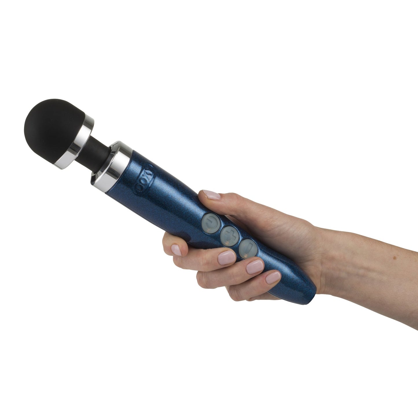 A hand holds the Doxy Die Cast 3R, showcasing the wand vibrator's smaller-than-full-size size. | Kinkly Shop
