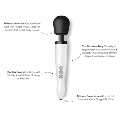 The Doxy Die Cast R shown next to a text list of features. Text reads: "Cast aluminum core with flexible neck and soft silicone head. Weighted design for comfort and minimize handle vibrations. Customize with variable speeds and pulse mode up to 9,000RPM. 60 minute power on a charge." | Kinkly Shop