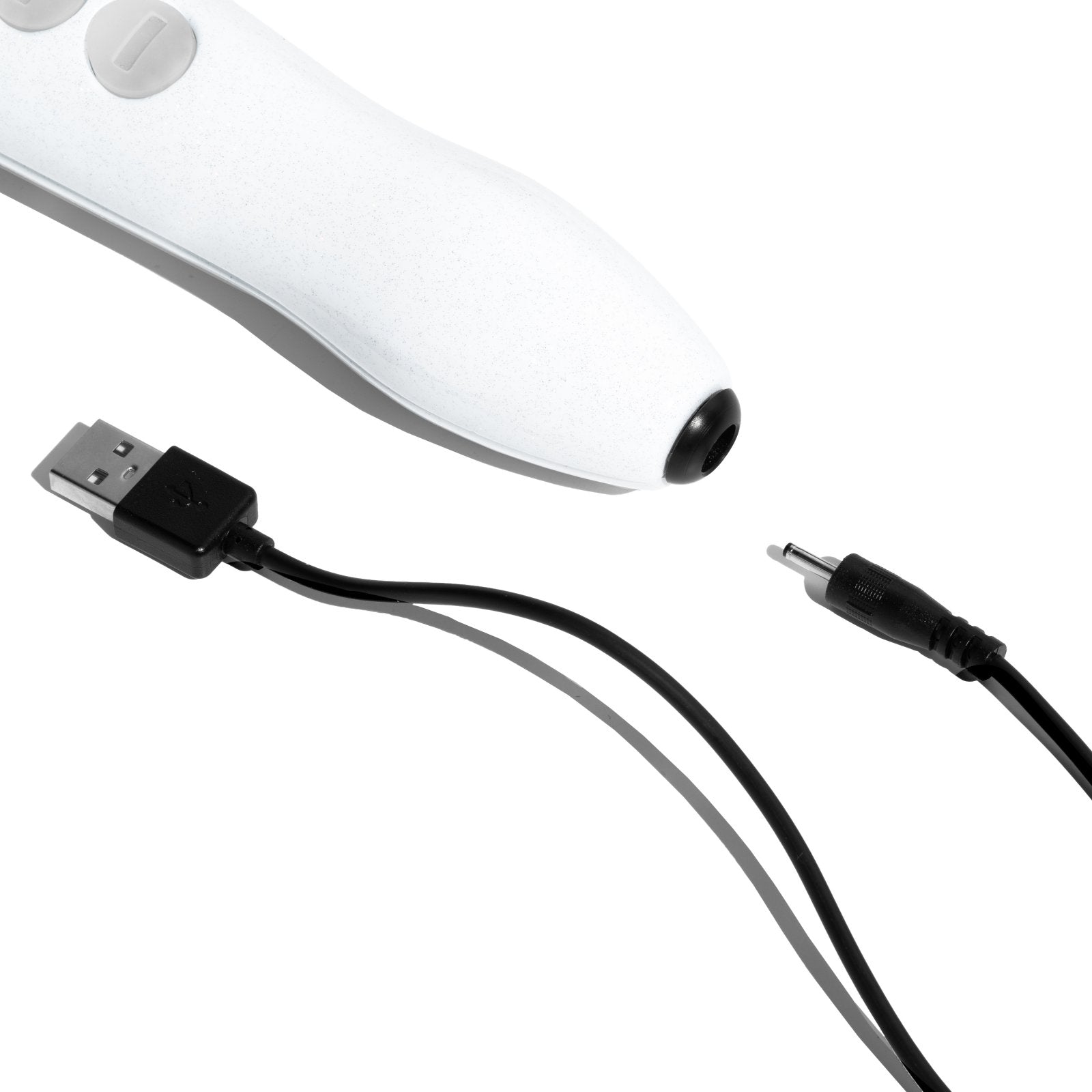 The base of the Doxy Die Cast R, showcasing the pin-in charger and USB cord that allow the vibrator to charge. | Kinkly Shop