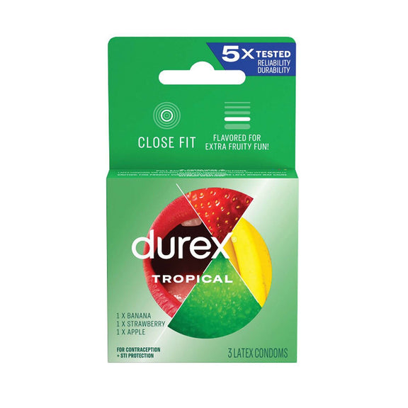 The Durex Tropical Condoms in a 3 pack. There's 1 banana, 1 strawberry, and 1 apple condom inside this 3 pack. | Kinkly Shop