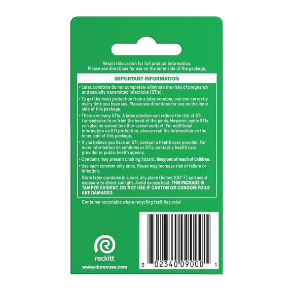 Backside of the 3-pack of the Durex Tropical Condoms. It has important safety condom information. | Kinkly Shop