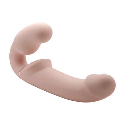 Close-up on the bulbed, ridged head of the Strap U Ergo-Fit Inflatable & Vibrating Strapless Strap-On. The toy is otherwise smooth, textured, and bumpless throughout all insertable sides. | Kinkly Shop