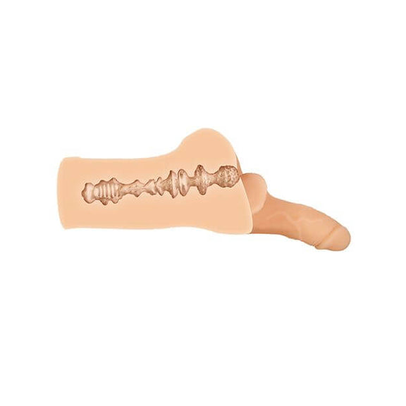 A cross-section of the Evolved Backdoor Bash in Cream. This showcases the single channel that runs through the middle of the stroker with multiple points of tightness, constriction, and textures. | Kinkly Shop