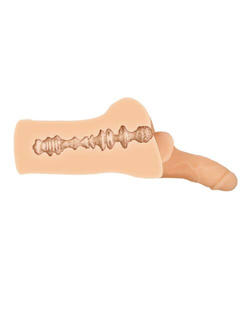 A cross-section of the Evolved Backdoor Bash in Cream. This showcases the single channel that runs through the middle of the stroker with multiple points of tightness, constriction, and textures. | Kinkly Shop