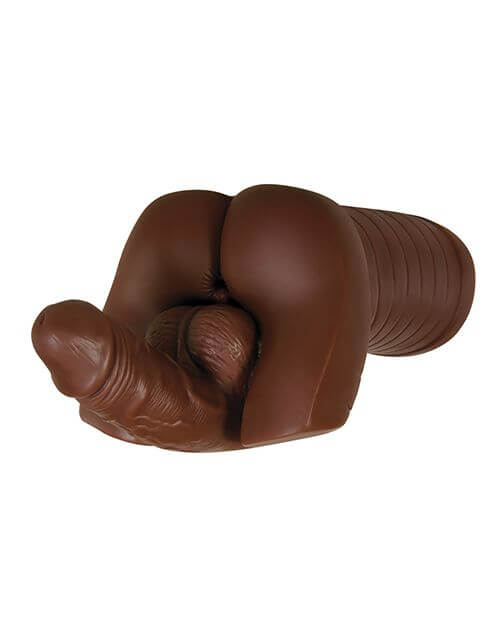Close up of the backside of the Evolved Backdoor Bash in Espresso. This looks like two legs next to one another with an anal entrance in-between the two legs. | Kinkly Shop