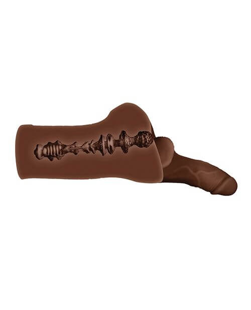 A cross-section of the Evolved Backdoor Bash in Espresso. This showcases the single channel that runs through the middle of the stroker with multiple points of tightness, constriction, and textures. | Kinkly Shop