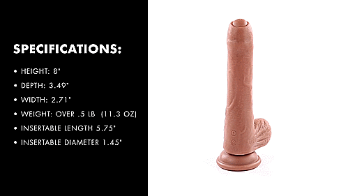 GIF of the dildo rotating in a 360-degree circle. Text features are written on the other side of the dildo that provide the measurements of the toy. These measurements are available in the written text body of the product description. | Kinkly Shop
