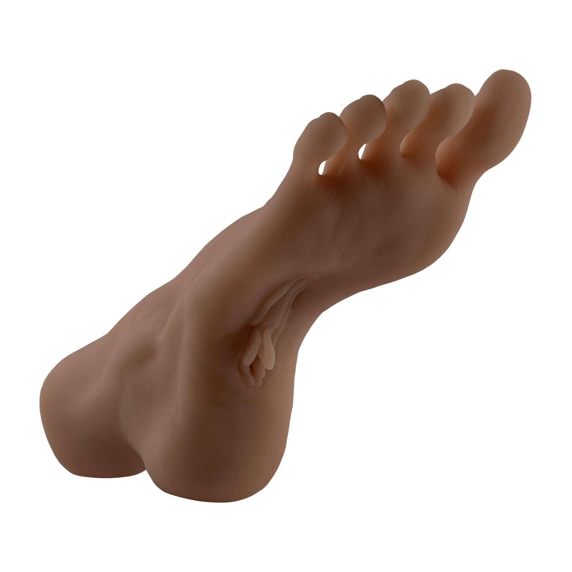 The Evolved Pussy Footin' up against a plain white background. The angle focuses on the labia imprinted on the bottom of the realistic foot. | Kinkly Shop
