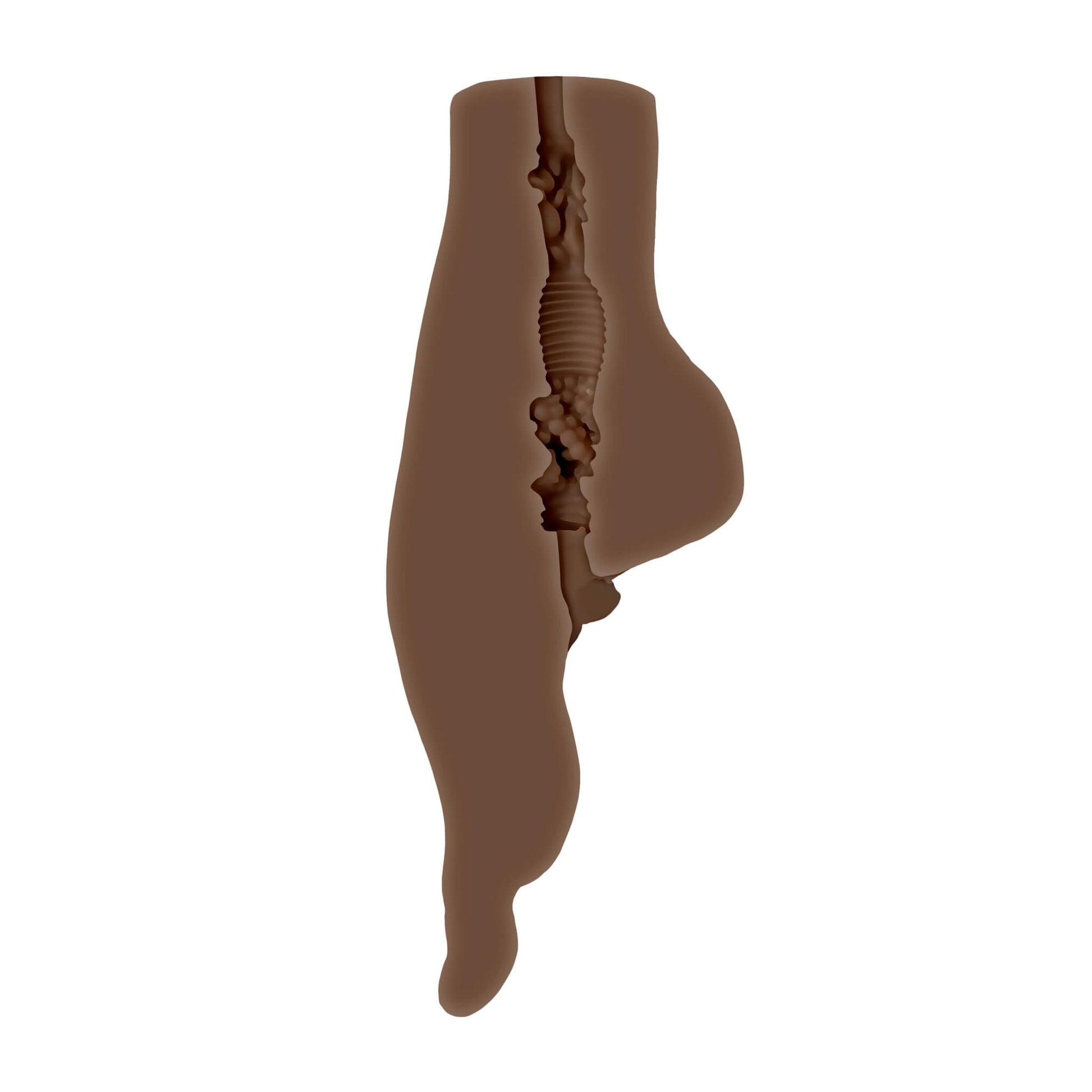 A cross-section of the Evolved Pussy Footin' in Espresso showcases the texture all within the length of the interior of the stroker. It has circular nodules, ribbing, and other unique textures inside. | Kinkly Shop