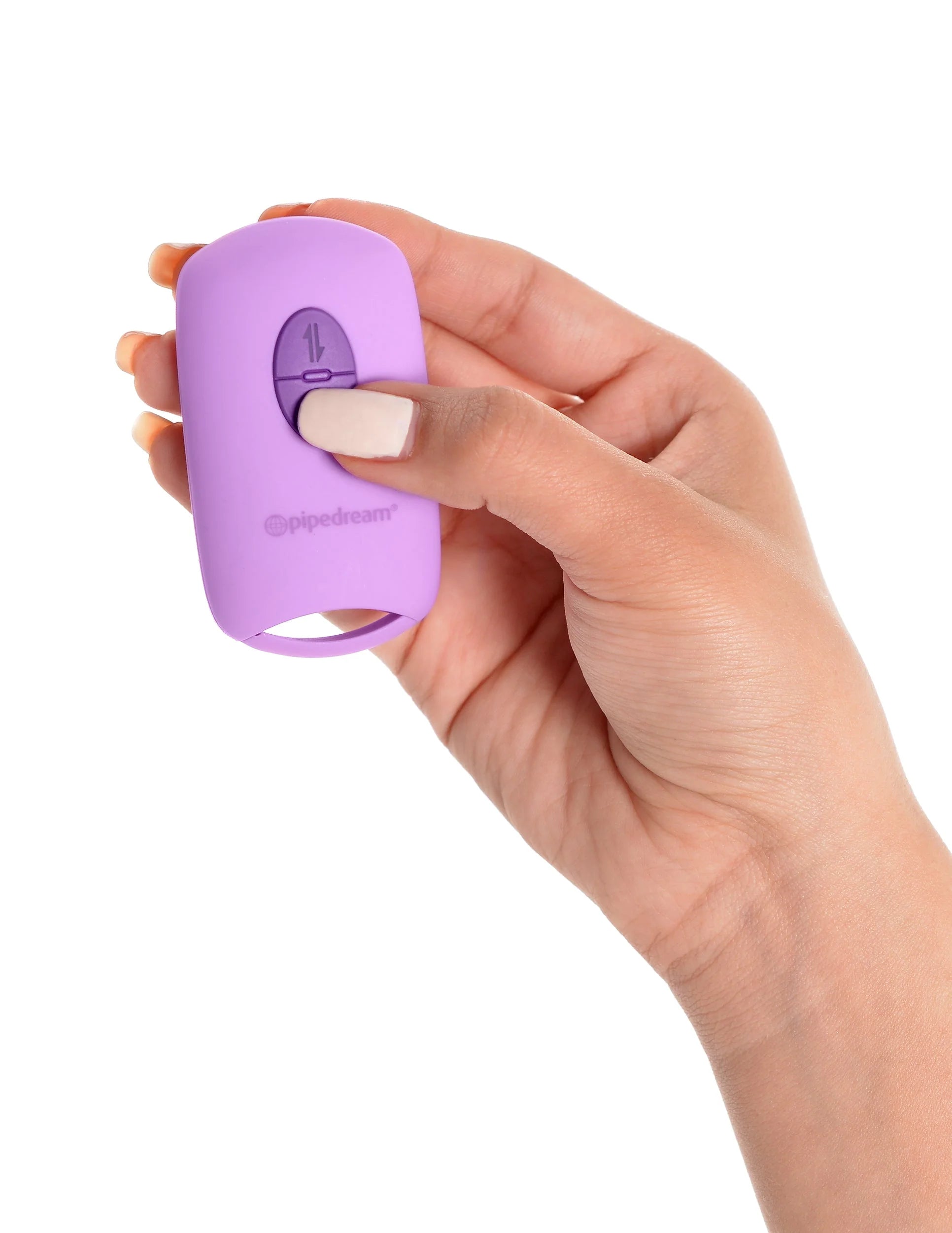 A hand holds the Fantasy For Her Love Thrust Her remote. There are two buttons on the rectangular remote. | Kinkly Shop