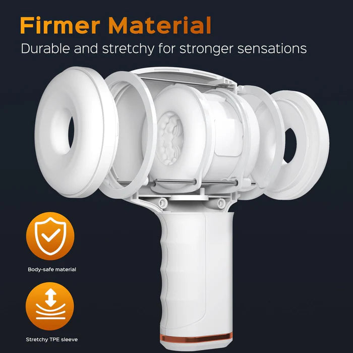 Engineering cross-section shows how the Faye Open-Ended Thruster looks while taken apart. It has multiple layers. Text on the image reads: Firmer material> Durable and stretchy for stronger sensations. Body-safe material. Stretchy TPE sleeve | Kinkly Shop