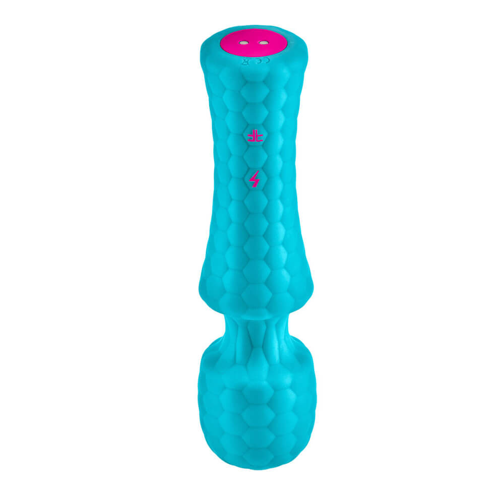 The FemmeFunn Ultra Wand Mini held upside down. At this angle, the two magnetic charging port prongs at the base of the handle can be seen. | Kinkly Shop
