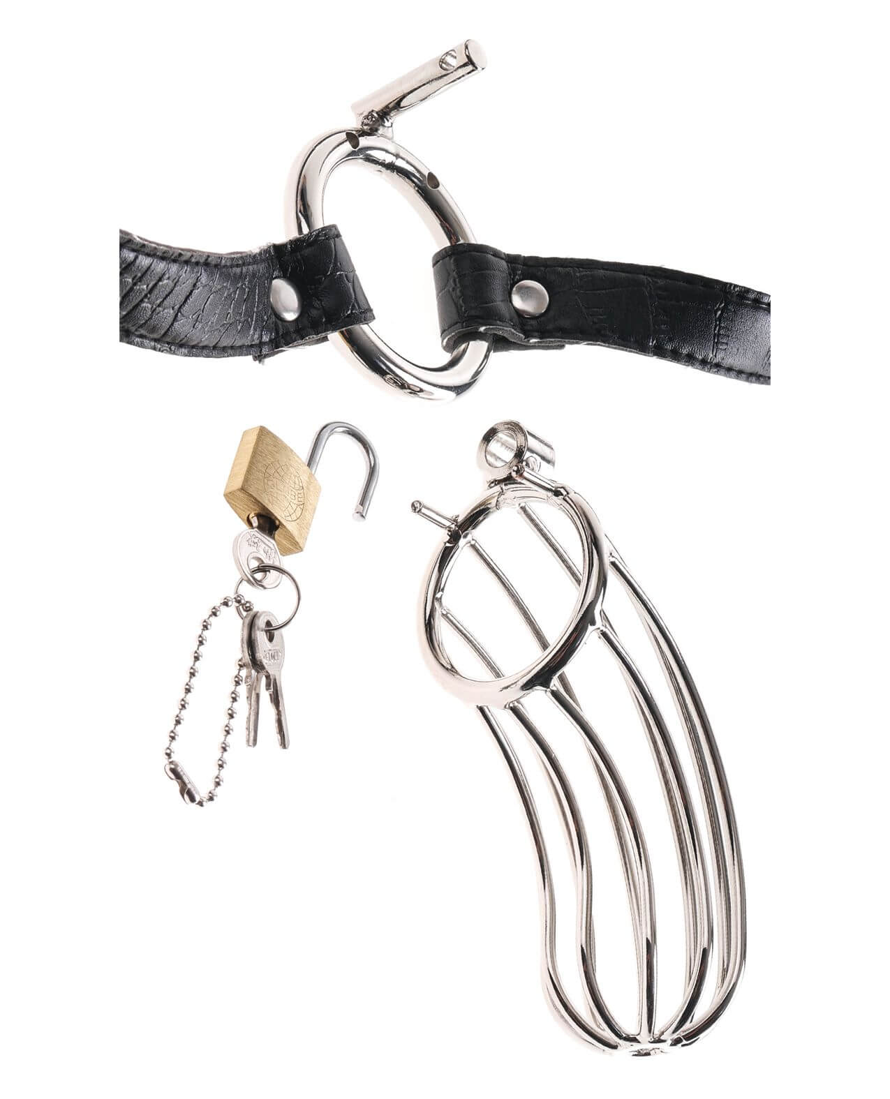 Close-up on the penis tube, base ring, and lock and keys that come with the Fetish Fantasy Extreme Chastity Cages | Kinkly Shop
